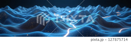 A glowing topographic landscape features high mountains, deep valleys, and winding roads, all set against a dark background 127875714
