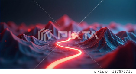 A glowing topographic landscape features high mountains, deep valleys, and winding roads, all set against a dark background 127875716