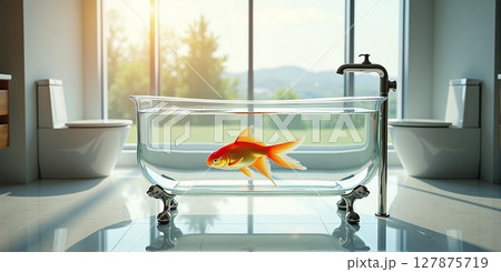 A goldfish glides in a transparent modern bathtub, embodying luxury and relaxation in a chic bathroom 127875719