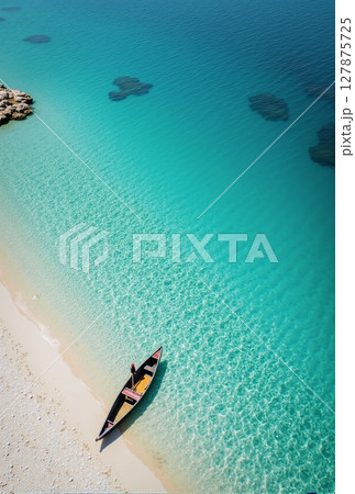 Serene aerial view of a tranquil beach, featuring a boat resting by the crystal-clear blue waters 127875725