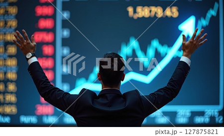 A businessman beams with joy as stock prices soar, profits rise, and an upward arrow on the chart signals success 127875821