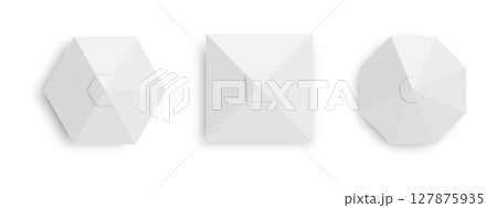 Tents top view. Set of gazebo umbrellas in hexagon, square and octagon shape. Event or beach sunshades. Market canopy mockups isolated on white background. Vector realistic illustration 127875935