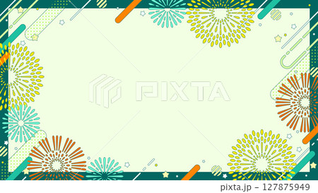 レトロポップな花火のイラストフレーム、16:9サイズ 127875949