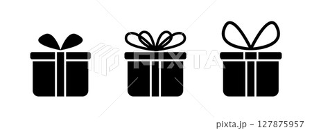 Set of gift box silhouettes. Present packages shapes with ribbon bows isolated on white background. Prize, surprise or giftware pictograms. Vector graphic illustration 127875957