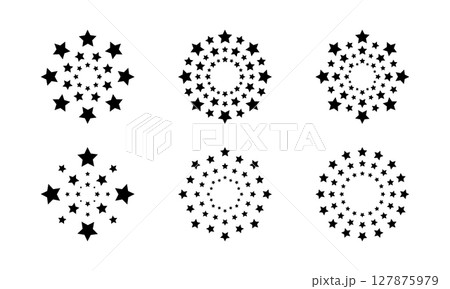 Set of concentric circles with star borders isolated on white background. Prize, success or award print. Collection of starry rings emblem templates. Vector graphic illustration 127875979