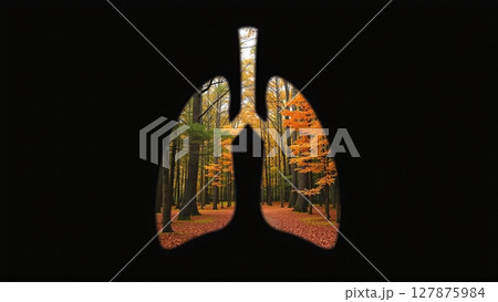 Forest shaped like human lungs, nature's vital organ, transforms CO2 to oxygen. Essential for life, it's Earth's breathing apparatus 127875984