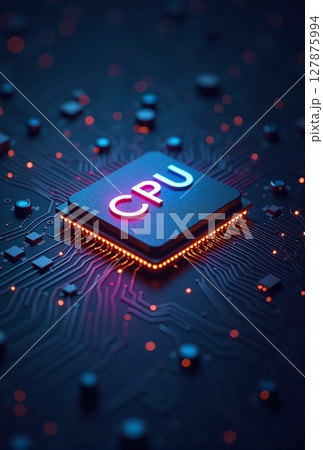 close-up of a powerful CPU on a modern motherboard, poised to tackle intricate calculations with lightning-fast precision 127875994