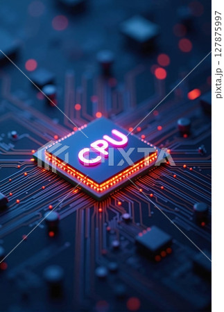 close-up of a powerful CPU on a modern motherboard, poised to tackle intricate calculations with lightning-fast precision 127875997