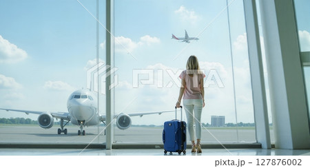 A businesswoman stands at the airport, luggage in hand, gazing up at the sky, ready for her next adventure 127876002