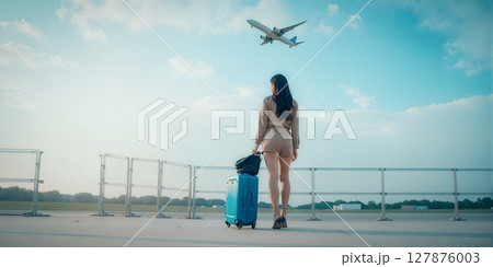 A businesswoman stands at the airport, luggage in hand, gazing up at the sky, ready for her next adventure 127876003