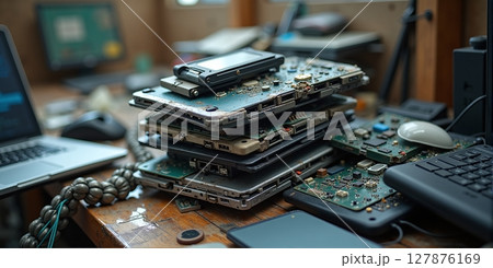 Discarded electronics pile up, threatening nature. E-waste awaits recycling, a chance to reclaim valuable materials and protect our environment 127876169