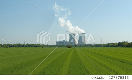 Nuclear power plant nestled in nature. Cooling towers emit steam plumes, contrasting industrial might with serene surroundings 127876318