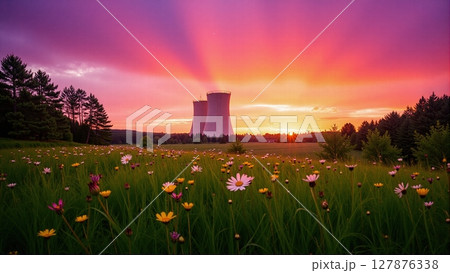 Nuclear power plant nestled in nature. Cooling towers emit steam plumes, contrasting industrial might with serene surroundings Nuclear power plant nestled in nature. Cooling towers emit steam plumes, contrasting industrial might with serene surroundings 127876338