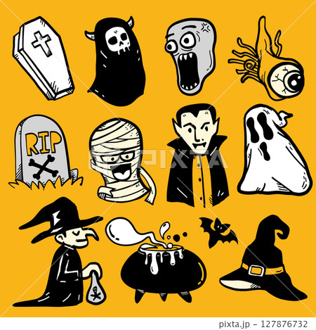 Spooky Halloween illustrations featuring ghosts, monsters, and witch cauldron evoke playful Spooky Halloween illustrations featuring ghosts, monsters, and witch cauldron evoke playful 127876732