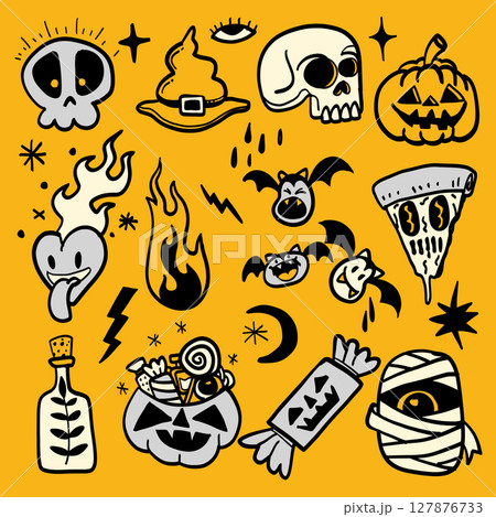 Spooky Halloween themed illustrations featuring skulls, bats, pumpkins, and candy 127876733