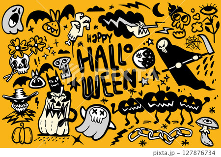 Happy Halloween with spooky illustrations and vibrant colors creates festive atmosphere 127876734
