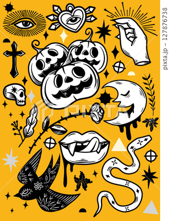 Spooky Halloween themed illustrations featuring pumpkins, skulls, and mystical symbols create Spooky Halloween themed illustrations featuring pumpkins, skulls, and mystical symbols create 127876738