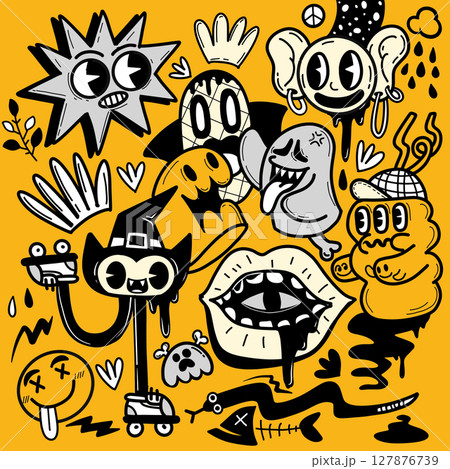 Colorful Halloween themed illustrations featuring playful characters like ghosts, monsters Colorful Halloween themed illustrations featuring playful characters like ghosts, monsters 127876739