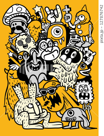 Colorful cartoon characters and monsters in playful design on bright yellow background Colorful cartoon characters and monsters in playful design on bright yellow background 127876742