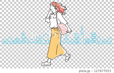 音楽を聴きながら歩く女性のラフな人物イラスト 127877053