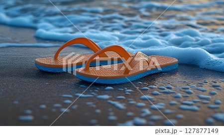 Orange blue flip flops on sandy beach with waves 127877149