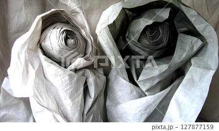 Crumpled paper rolls gray and white texture background 127877159