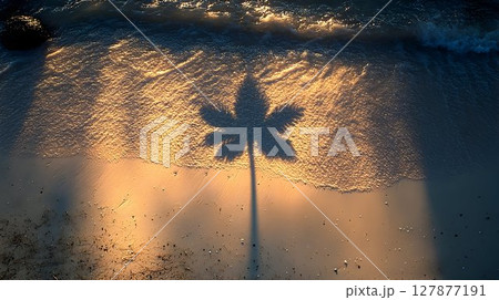 Palm tree shadow on sandy beach at sunset golden light nature photography 127877191