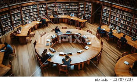 Circular library interior students studying at wooden desks 127877237