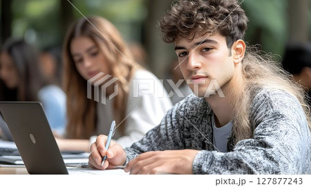Focused young man studying outdoors with laptop and pen 127877243