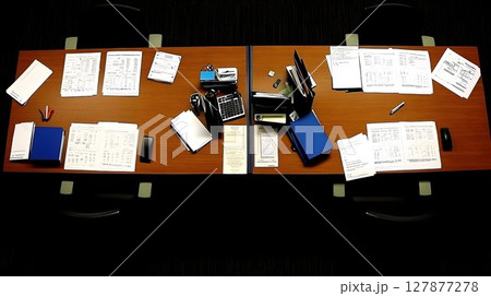 Cluttered office desk with documents and office supplies Cluttered office desk with documents and office supplies 127877278