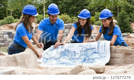 Construction team reviewing architectural blueprint outdoors 127877279