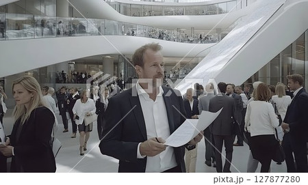 Businessman walking through modern office building diverse crowd Businessman walking through modern office building diverse crowd 127877280