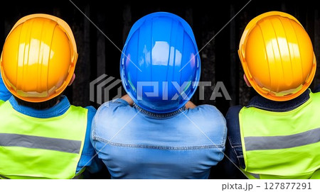 Team of workers wearing safety helmets and vests 127877291