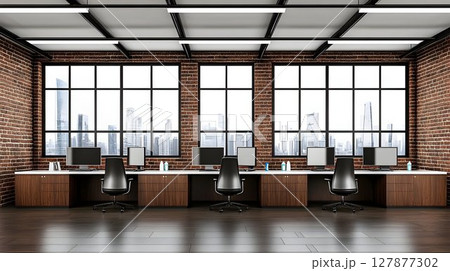 Modern office interior design city view exposed brick walls workspaces 127877302