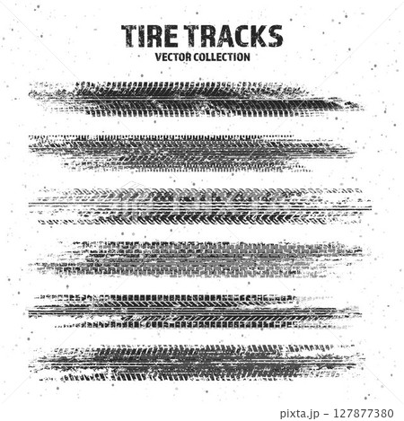 Grunge tire tracks with mud splatters, dirty wheel braking marks. Truck, car, or motorcycle tread pattern silhouettes. Perfect for off-road, motorsport, and racing designs. Vector illustration Grunge tire tracks with mud splatters, dirty wheel braking marks. Truck, car, or motorcycle tread pattern silhouettes. Perfect for off-road, motorsport, and racing designs. Vector illustration 127877380