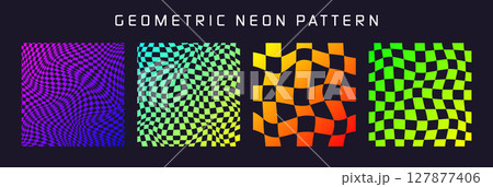 Groovy checkered pattern, colorful distorted tiled grid. Vintage wavy curved backdrop, distortion effect. Funky geometric chessboard texture, retro background in 90s style, y2k. Vector illustration 127877406