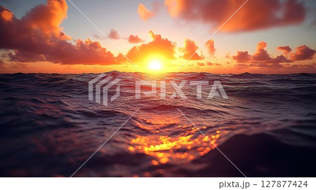 Vibrant ocean sunset waves and sky peaceful nature scene 127877424