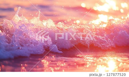 Ocean wave sunset pink and orange sparkling water texture 127877520