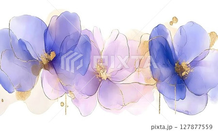 Watercolor purple pink flowers gold accents floral design background 127877559