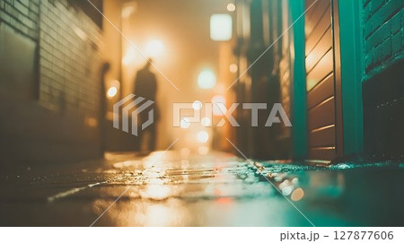 Solitary night walk urban alleyway with low key lighting and rain Solitary night walk urban alleyway with low key lighting and rain 127877606
