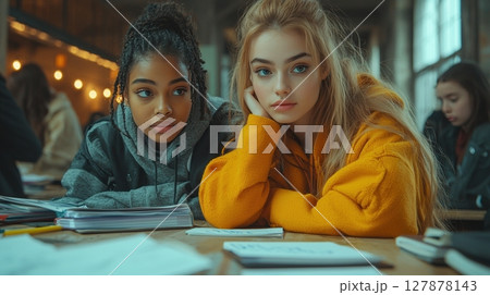 compassionate teacher leans over student's desk in classroom, attentively helping them writing assignment surrounded books and materials 127878143