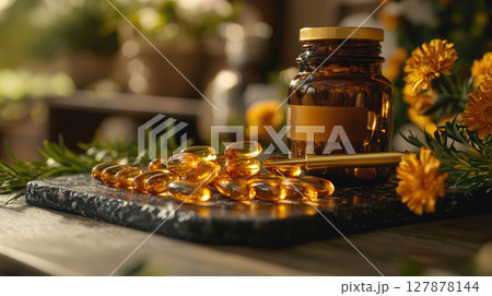 Vitamins are beautifully arranged on black marble tray, golden tweezers delicately lifting capsule, showcasing luxury and precision in health and wellness Vitamins are beautifully arranged on black marble tray, golden tweezers delicately lifting capsule, showcasing luxury and precision in health and wellness 127878144