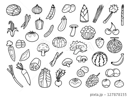 野菜ときのこと果物のイラストセット 白黒 野菜ときのこと果物のイラストセット 白黒 127878155