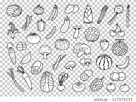 蔬菜、蘑菇和水果插圖以黑白顯示 127878155