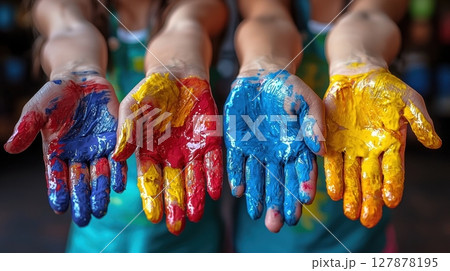 in lively classroom, children immerse themselves in painting, using bright colors and showing enthusiasm their hands and aprons are joyfully covered in paint as they explore their creativity 127878195