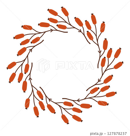 Autumn berry circle frame. Round border made of fall berries. The berries have different shapes and are arranged in a circle. Vector flat isolated on white background. 127878237