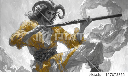 satyr short curved horns and hooved feet plays wooden flute His goat like fur and wild hair contribute mystical atmosphere against pure white background 127878253