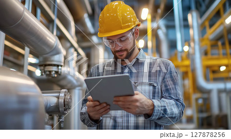 Engineer worker checking natural gas pipeline in factory. 127878256