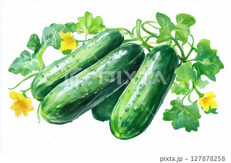 Cucumber vine vegetable watercolor painting isolated on white background. 127878258