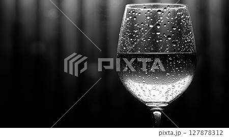 Close up of wine glass filled clear liquid, adorned delicate droplets of condensation black and white aesthetic highlights its elegance and coolness, creating refined impression 127878312